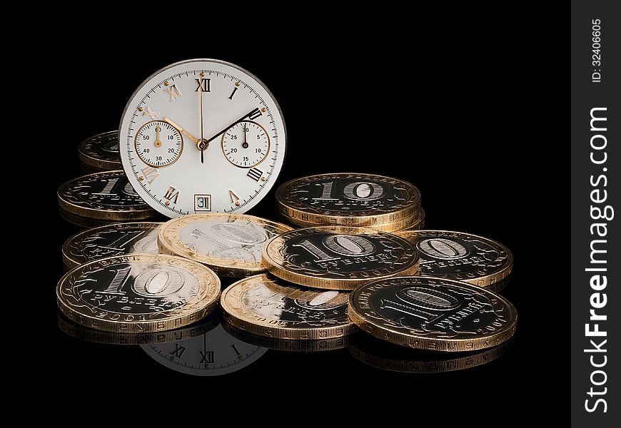 Clockwork and the Russian currency on a black background. Clockwork and the Russian currency on a black background