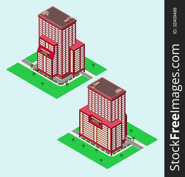 Isometric hotel with garden, available in 2 view