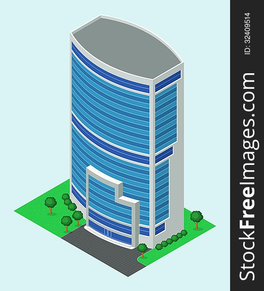 Isometric modern building with garden. Isometric modern building with garden