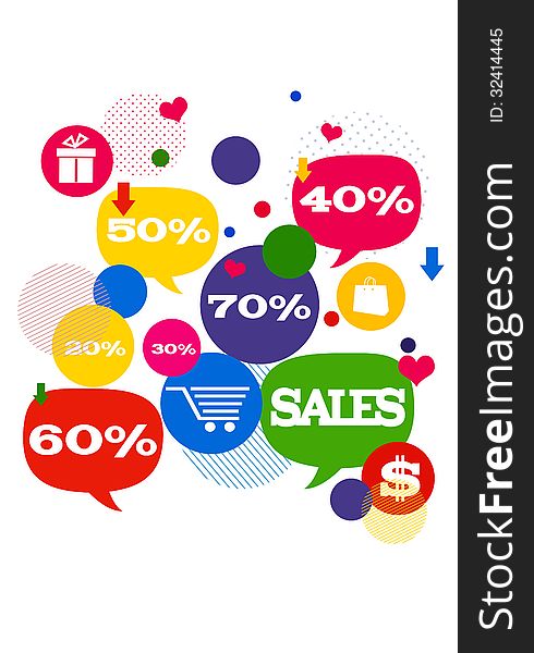 Sales shopping icons./ Colorful bubbles/buttons floating with shopping icons and sales percents.