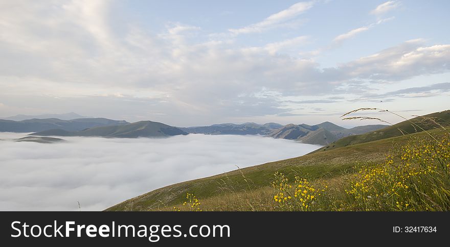 Umbria mountains with fog in the morning.