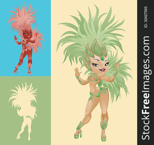 Bright laughing cute cartoon pin-up samba dancers in feather costumes. Bright laughing cute cartoon pin-up samba dancers in feather costumes