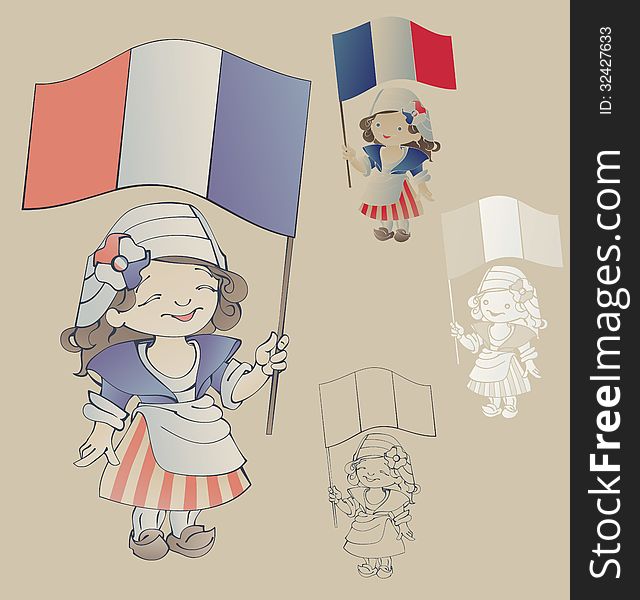 Cute smiling cartoon girl in sans culottes costume for Bastille Day with of flag of French Republic
