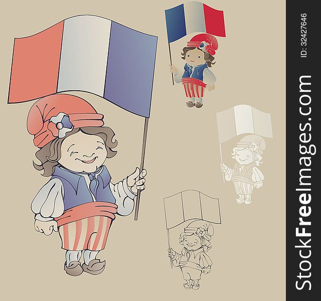 Cute smiling cartoon boy in sans culottes costume for Bastille Day with of flag of French Republic