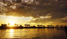 Port Warehouse With Container Cargo And Crane Bridge Royalty Free Stock Photo Port Warehouse With Container Cargo And Crane Bridge Royalty Free Stock Photo