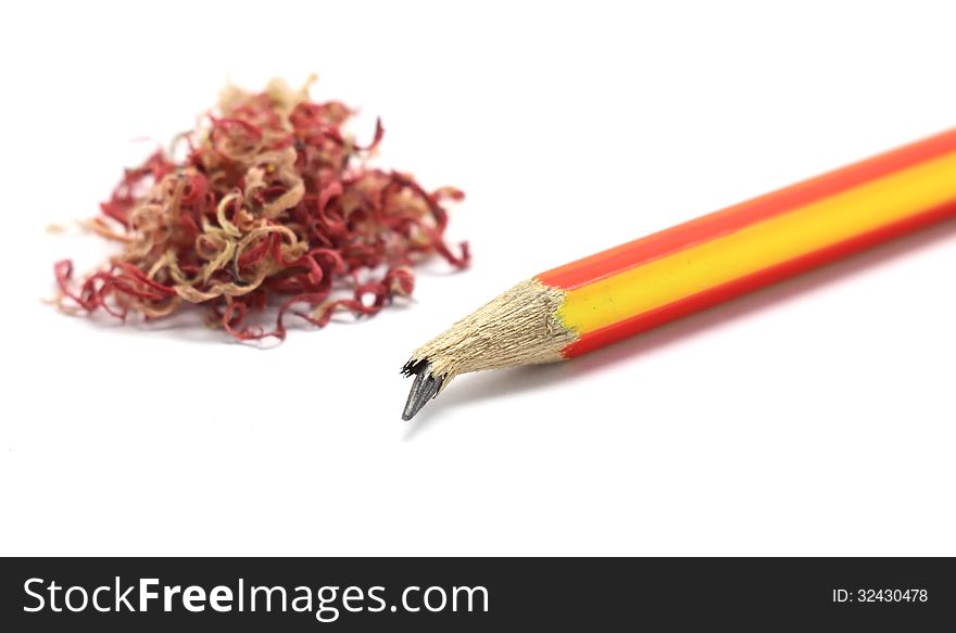 Pencil and crayon shavings isolated on white background