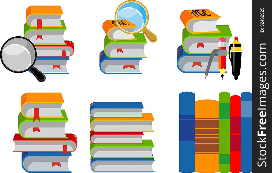 A set of books on a white background with elements of education