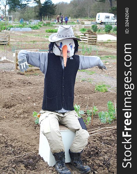 Colorful and frightening scarecrow in Dorset vegetable patch