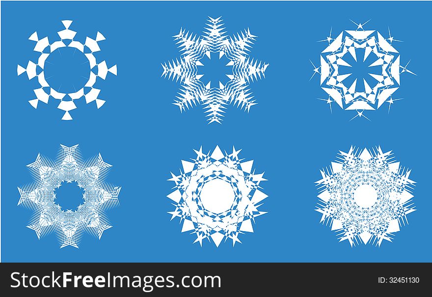 Six original snow flakes on blue background