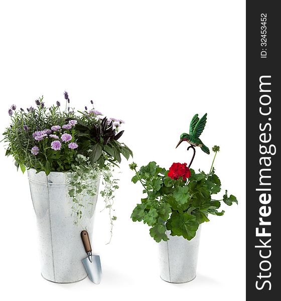 Two aluminum buckets with spring flowers on white background. Two aluminum buckets with spring flowers on white background