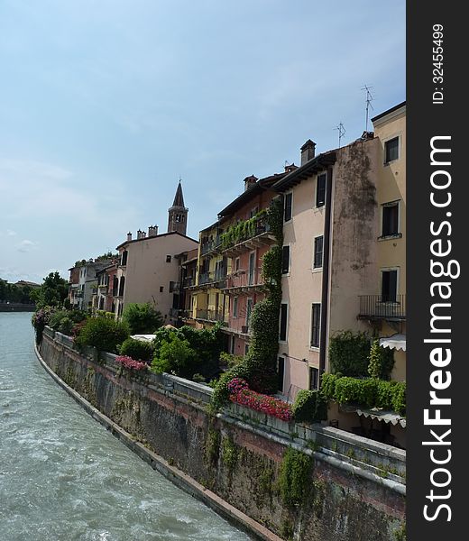 Houses by the river at Peschiera del Garda. Houses by the river at Peschiera del Garda