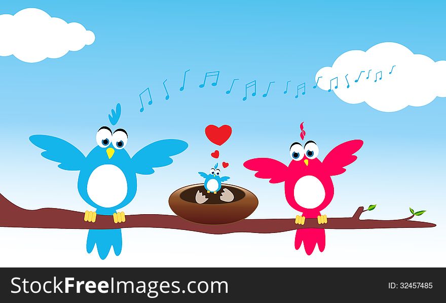 Singing happy bird parents perched on a branch celebrate the birth of a newly-hatched baby bird on a bright sunny day. Singing happy bird parents perched on a branch celebrate the birth of a newly-hatched baby bird on a bright sunny day