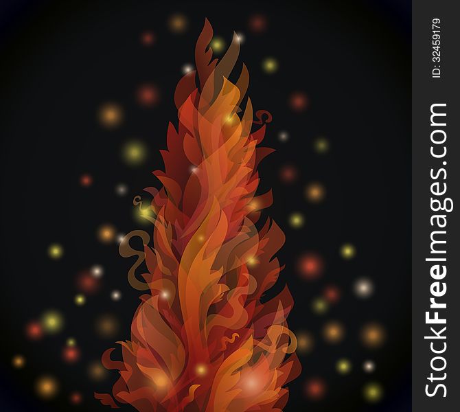 Different fire flames on a black background with lights and sparkles. Vector illustration for your ardent design. Fiery picture of orange waves and curves.