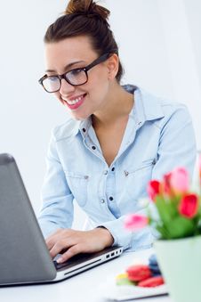 Woman With Laptop Working At Home Stock Images Woman With Laptop Working At Home Stock Images