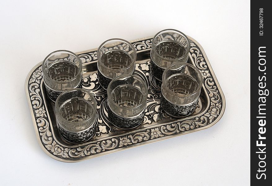 Old wine-glasses on a tray