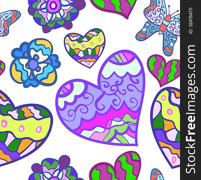 Funny seamless background with heart, butterfly and flower. Vector illustration for your spring design. Wallpaper for valentines day.