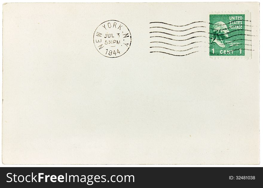 USA, New York, old postcard with 1 cent postage stamp shows image portrait of George Washington, circa 1944. USA, New York, old postcard with 1 cent postage stamp shows image portrait of George Washington, circa 1944.