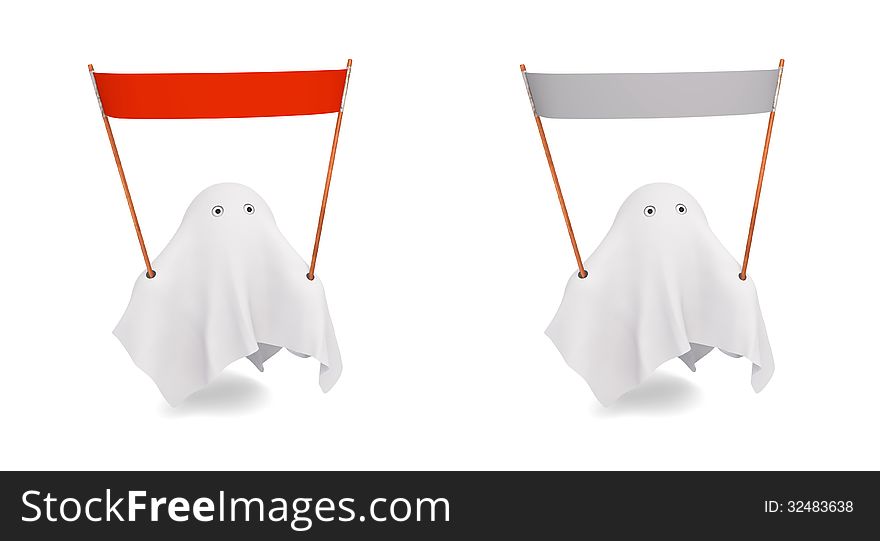 The render of 3D model of flying cute ghost with different colour banners. The render of 3D model of flying cute ghost with different colour banners