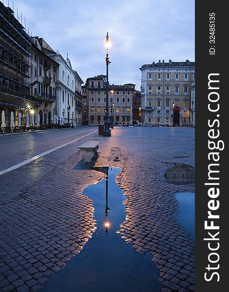 Detail of Piazza Navona at sunrise after rain, Rome, Italy. Detail of Piazza Navona at sunrise after rain, Rome, Italy