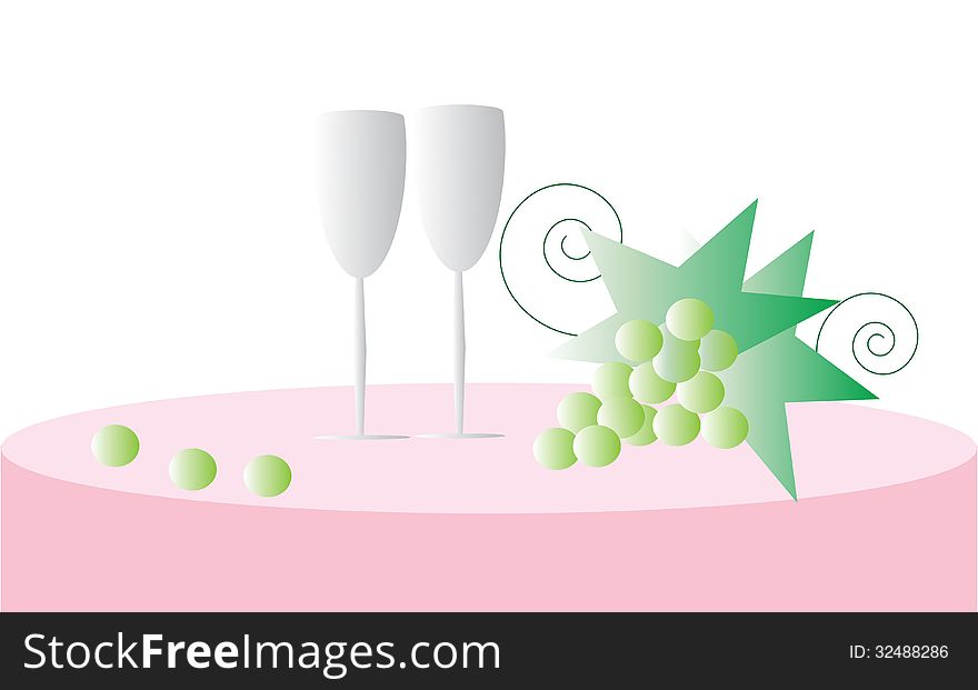 Two glasses on the table. Bunch of grapes on a pink tablecloth