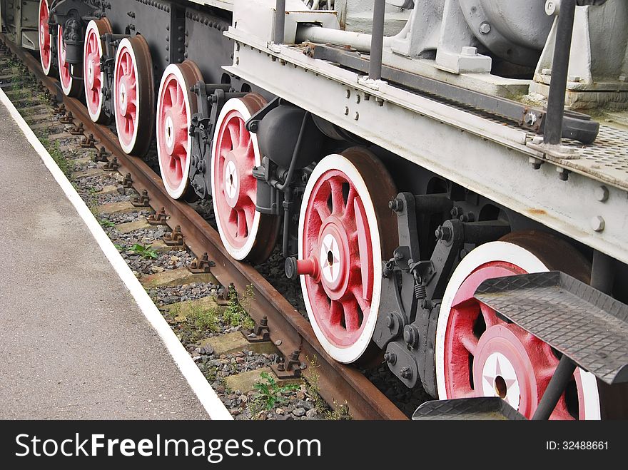 Close up shot of wheels of the soviet locomotive