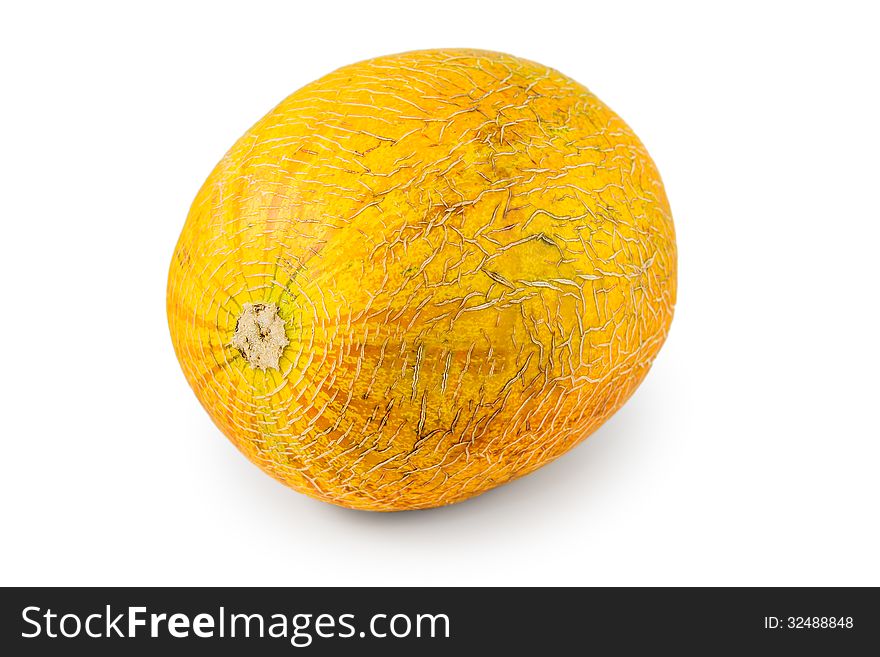 The ripe melon is photographed on a white background