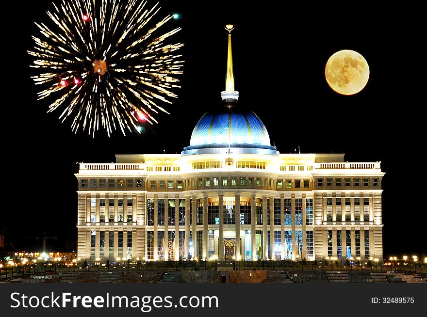 Celebration! Astana Landmark With Full Moon And Fireworks