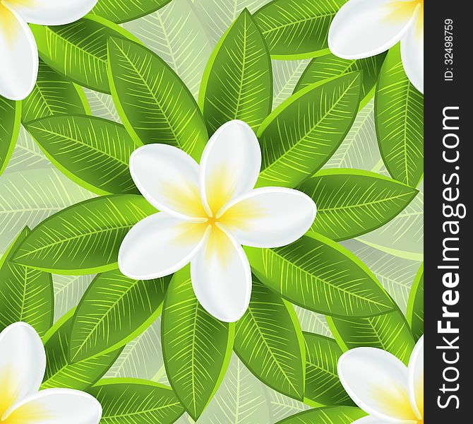 Spring ecological background with beautiful white flower and fresh green leaf. Vector illustration for eco design. Seamless endless tile pattern.