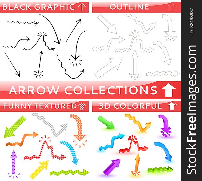 Arrow collection of four different set. Vector illustration for your business and education design. Black sketch, outline, funny textured and colorful three dimensional. Black, red, blue, green color.