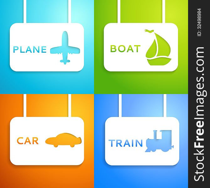 Travel applique background. Vector illustration for your transportation presentation. Picture of the light blue airplane, blue train, green boat and orange car. Easy to change color background.