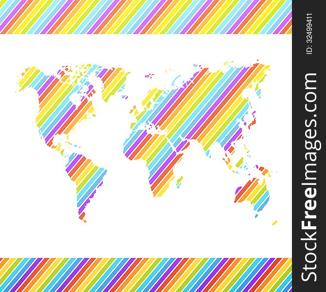 World map. Vector illustration for your bright design. Rainbow color. Striped pattern. Happiness and peace symbol.