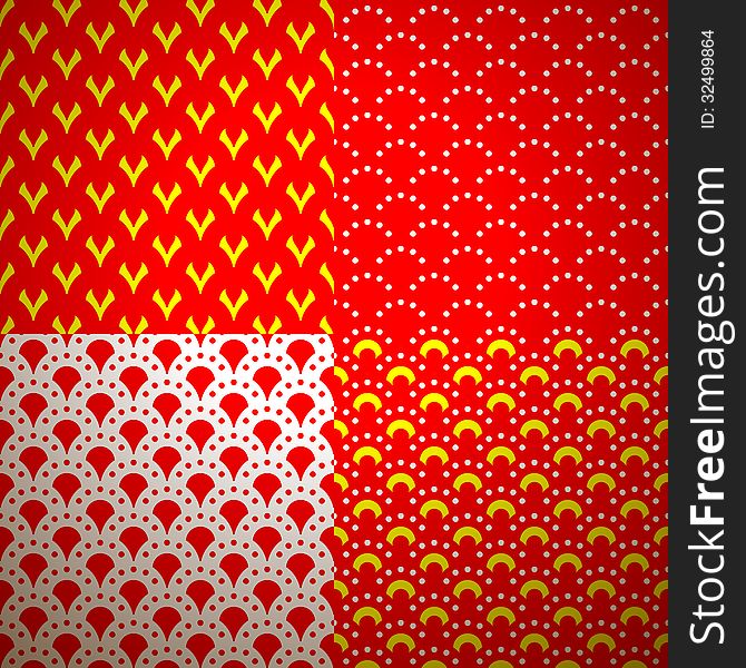 Set of four different geometrical patterns (seamlessly tiling). Vector illustration for your fashion design. Red, yellow and white color.