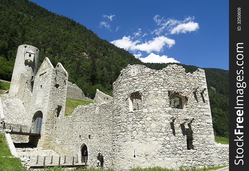 Beauty old ruins in italy. Blue sky and white clouds. Beauty old ruins in italy. Blue sky and white clouds