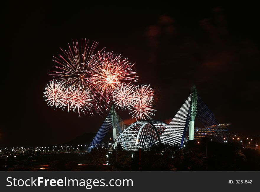 Fireworks in Putrajaya over landmark Seri Saujana Bridge.