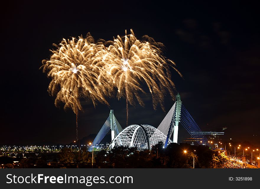 Fireworks in Putrajaya over landmark Seri Saujana Bridge.