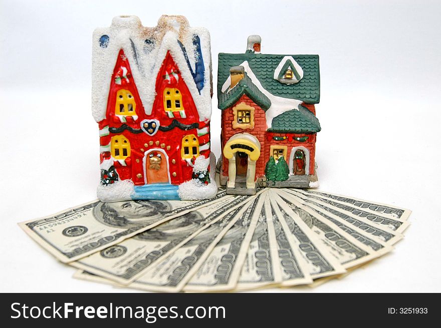 Two houses with 100 dollars bills background. Two houses with 100 dollars bills background