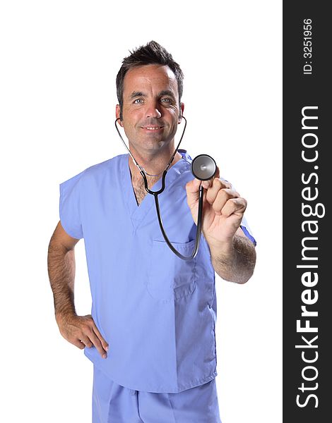 Portrait of a male doctor wearing scrubs holding out stethoscope. Portrait of a male doctor wearing scrubs holding out stethoscope