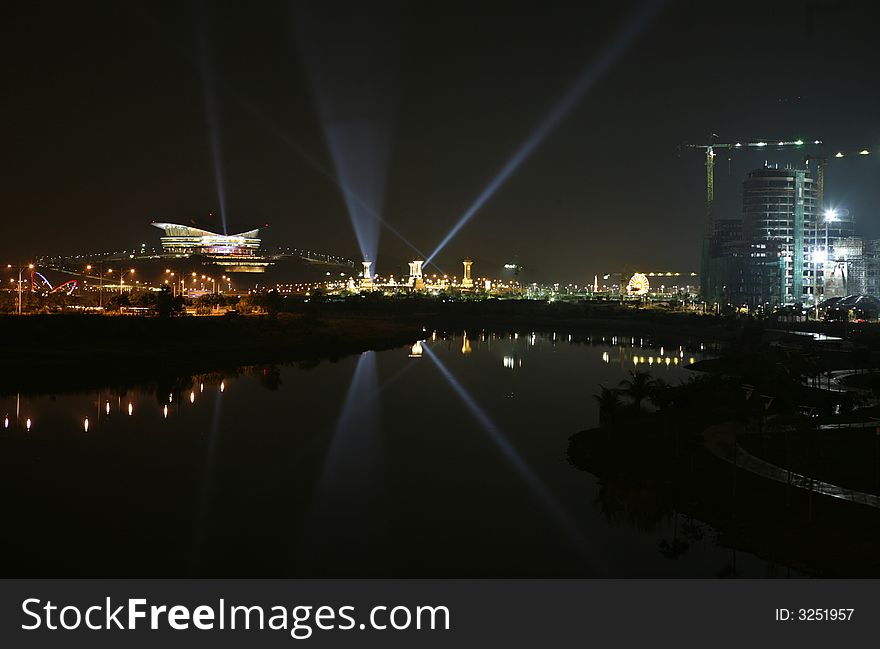 Malaysia's landmark Putrajaya International Convention Centre at night.