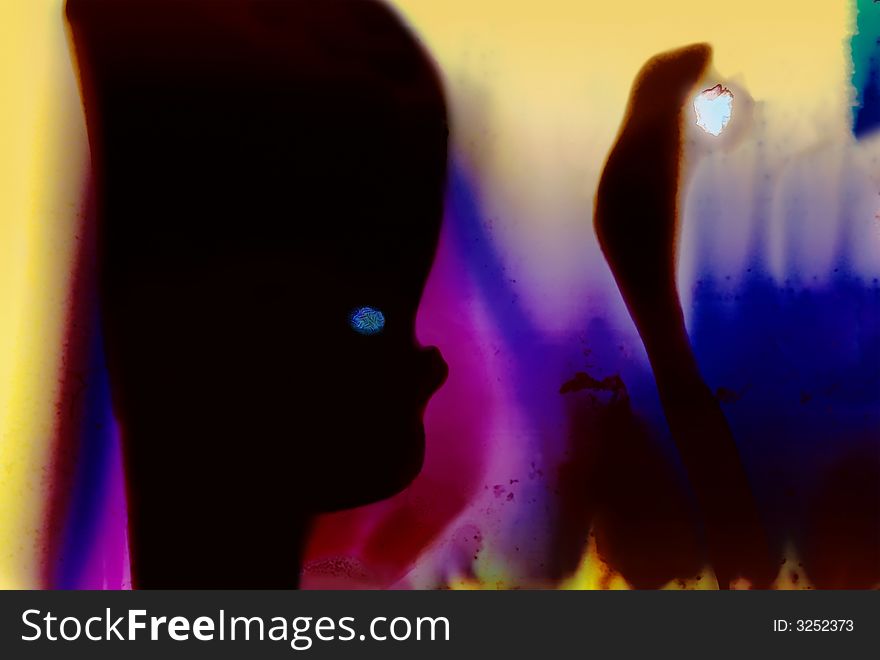 Strange abstract art of shadow figure holding glowing object. Strange abstract art of shadow figure holding glowing object