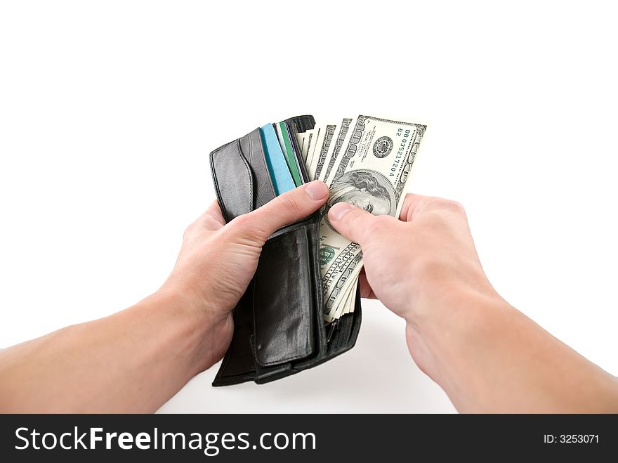 Wallet with money in hands, isolated white. Wallet with money in hands, isolated white