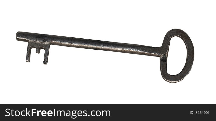 Metal key on a white background.