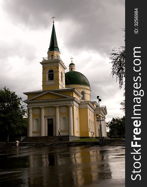 Old church in Omsk at rainy day