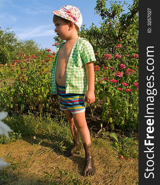 Outdoor summer scene with little boy and flowers. Outdoor summer scene with little boy and flowers