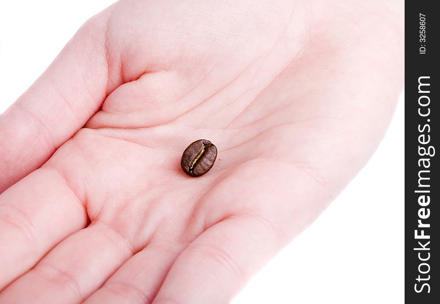 Hand with coffee bean on a white background