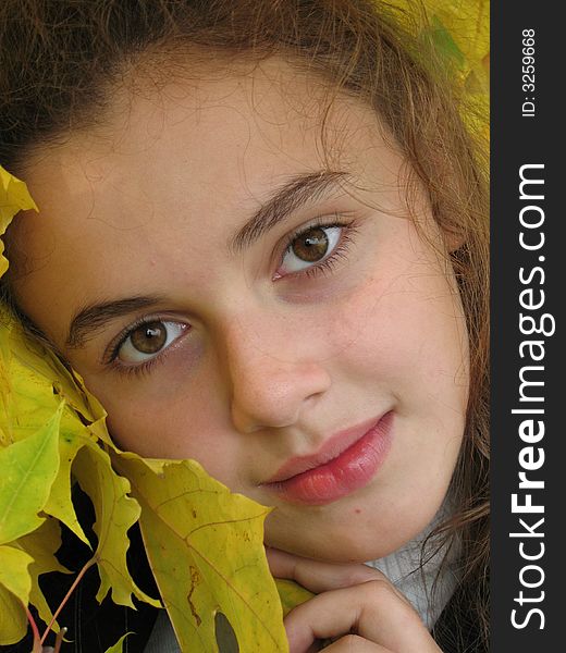 The portrait of  young girl with yellow leaves in an autumn. The portrait of  young girl with yellow leaves in an autumn