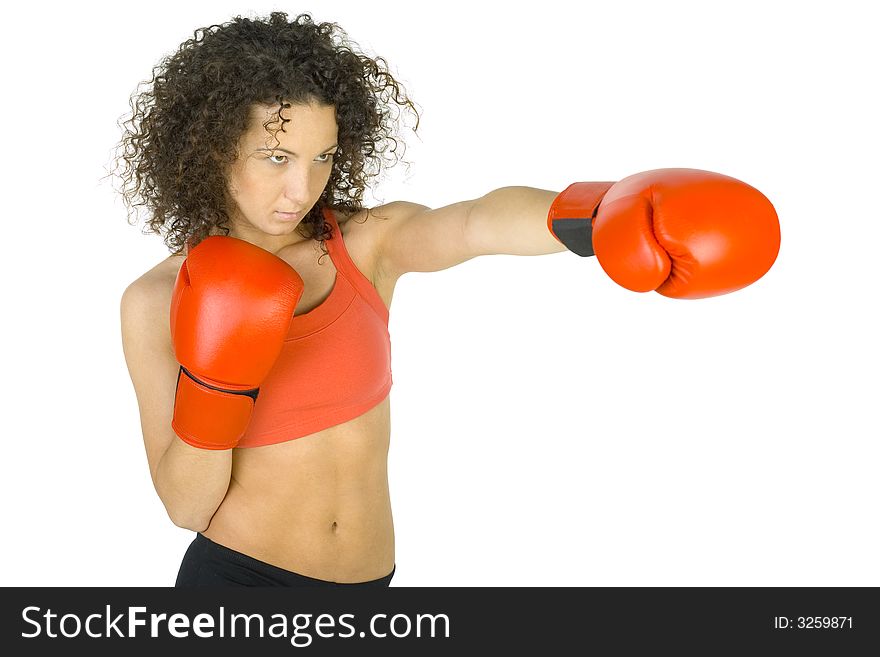 Young, beautifl woman wearing boxing gloves. Want to hit somebody. White background, side view. Young, beautifl woman wearing boxing gloves. Want to hit somebody. White background, side view