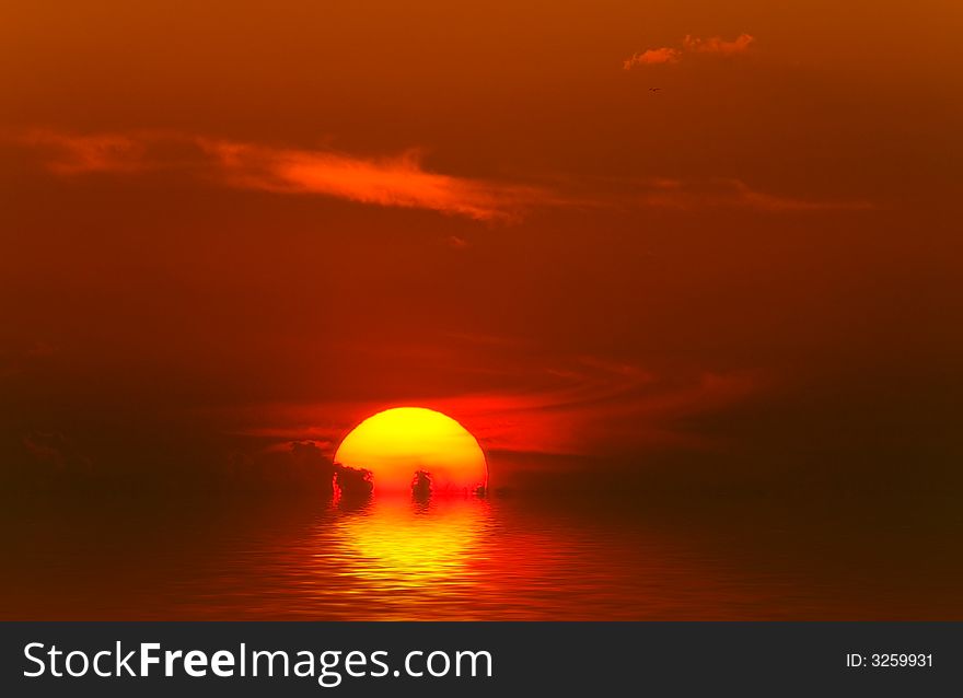 Orange sunset over sea and sky with clouds. Orange sunset over sea and sky with clouds