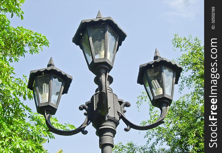 Light poles on street in park