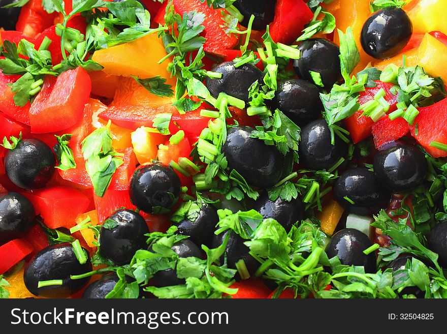 Salad with tomatoes, peppers and olives. Salad with tomatoes, peppers and olives