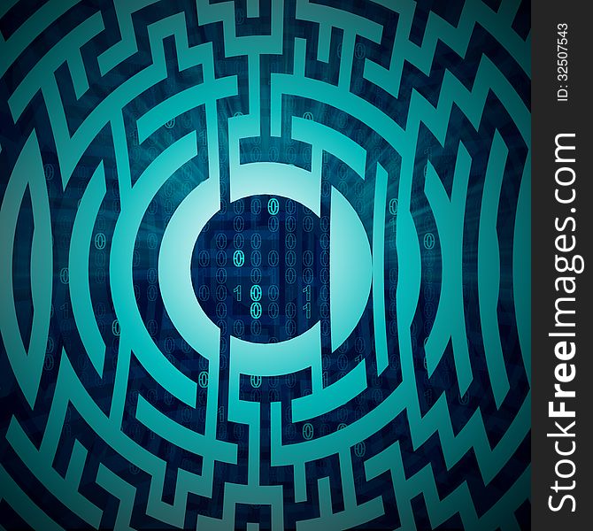 Blue labyrinth circle structure on tech backdrop illustration